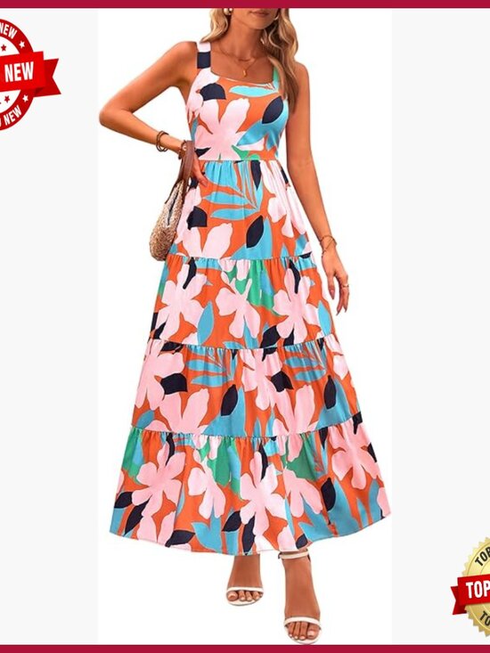 Dresses & Skirts - Floral Maxi Dress Sleeveless Square Neck Boho Summer Casual